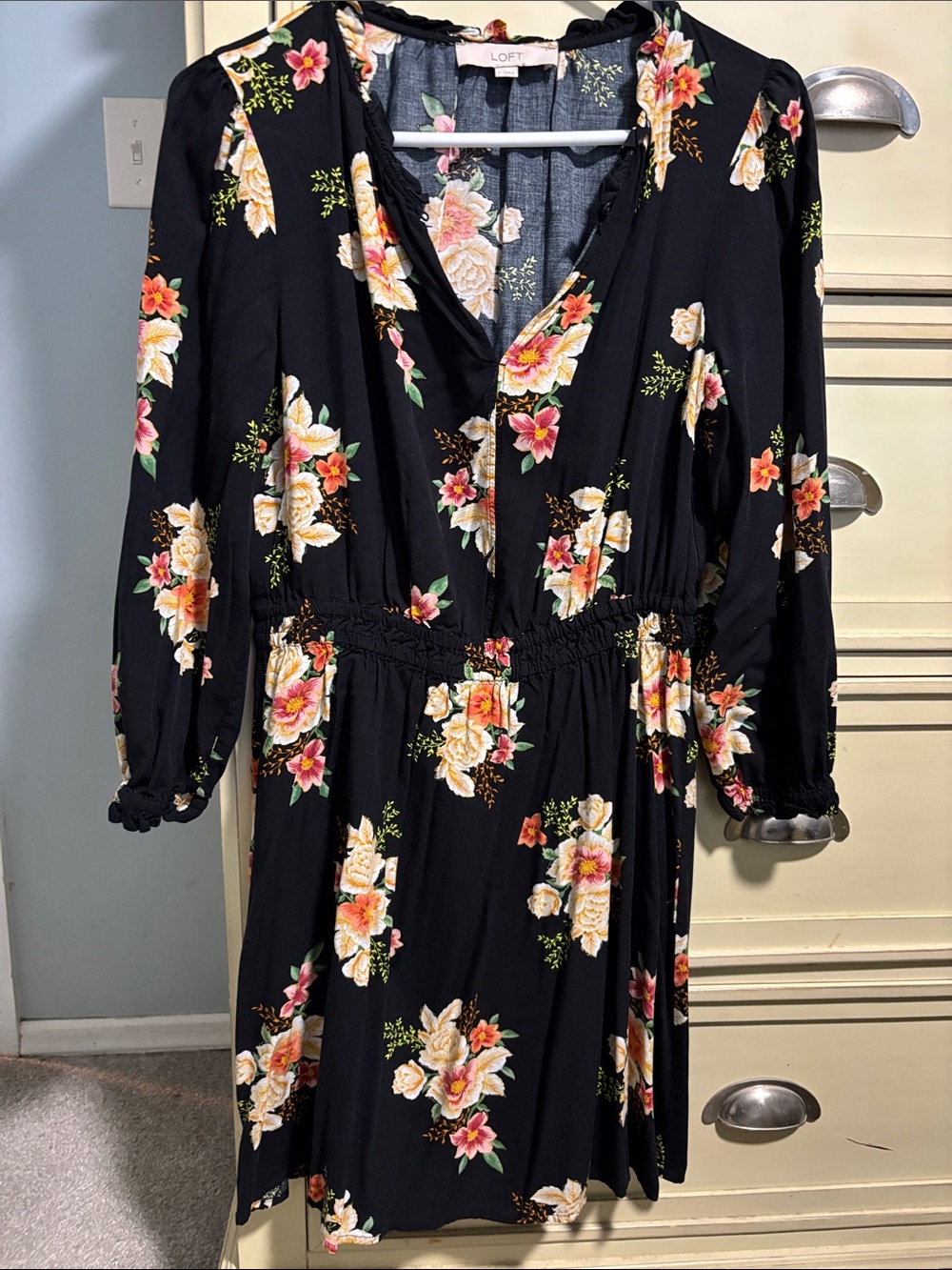 LOFT Black Floral V-Neck Smocked-Waist Long Sleeve Dress